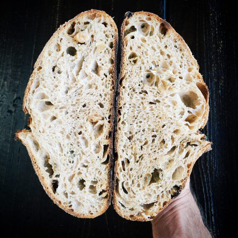 Golden raisin and fennel seed sourdough crumb