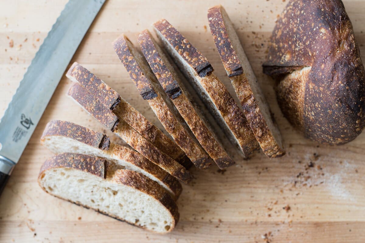 leftover sourdough bread about to become croutons and breadcrumbs