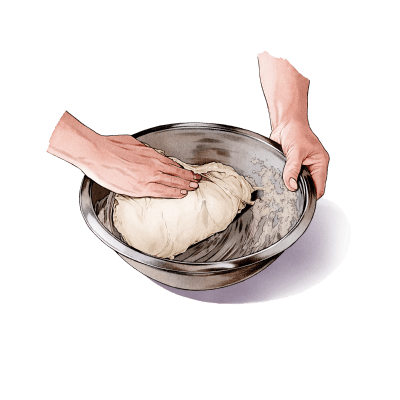 Illustration of hands mixing dough with correct hydration.