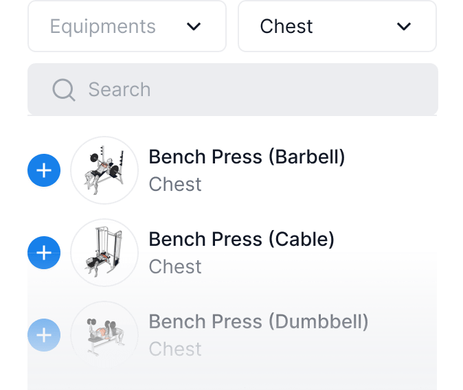 The exercise library section with search field and filters