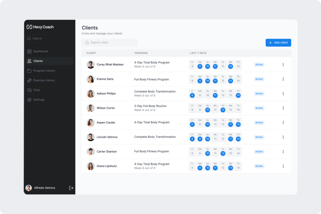 The client tab showing the list of clients and their adherence in the last 7 days