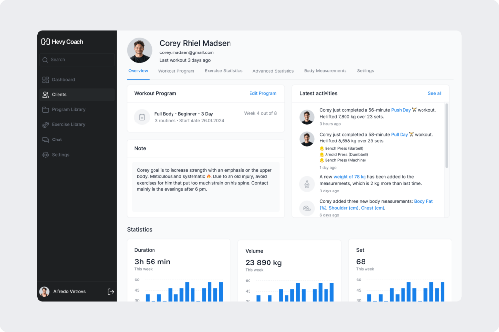 An overview of a client profile with an option to add custom notes