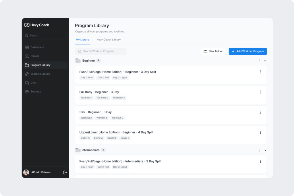 An overview of the workout program builder and folders