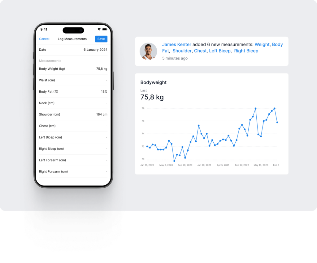 A look at the app where clients log body measurements and a graph of body weight displayed on a graph