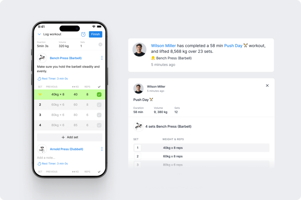Display of client app used to log workouts and coaches in-depth view of a logged session