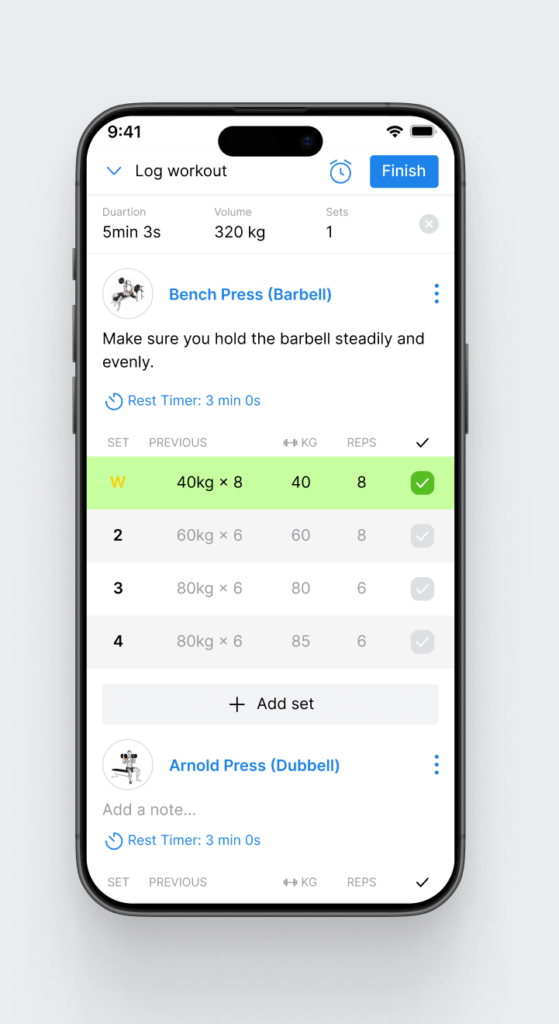 A view of the app clients will use to track and log their assigned workouts