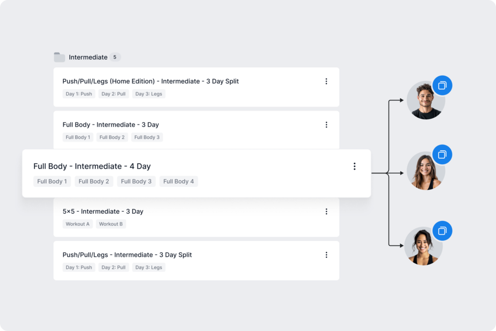 A preview of how coaches can assign one training plan to multiple clients in the Hevy Coach menu