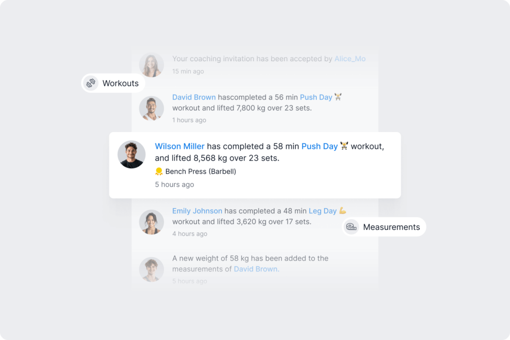An overview of the coaching dashboard showing recent workouts completed by clients