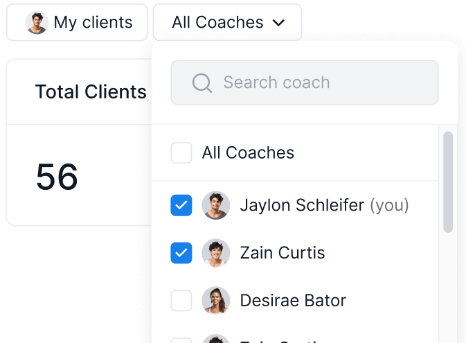 An overview of a client list for a team with the option to filter by coach