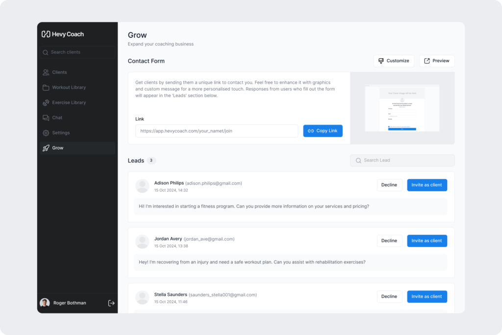 An overview of the page where coaches can generate an invite link