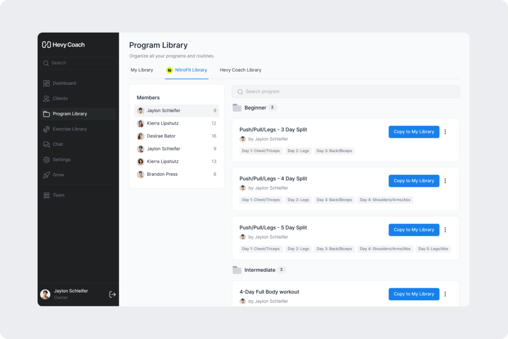 An overview of the program library for a coaching team
