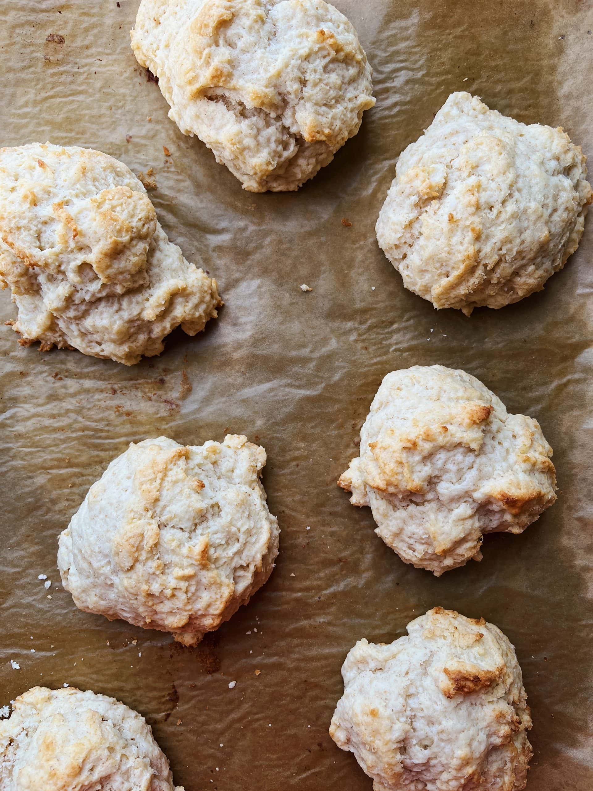 Sourdough discard drop biscuits baked on a sheet pan