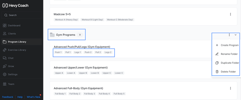 the program library in hevy coach with options and the folders feature