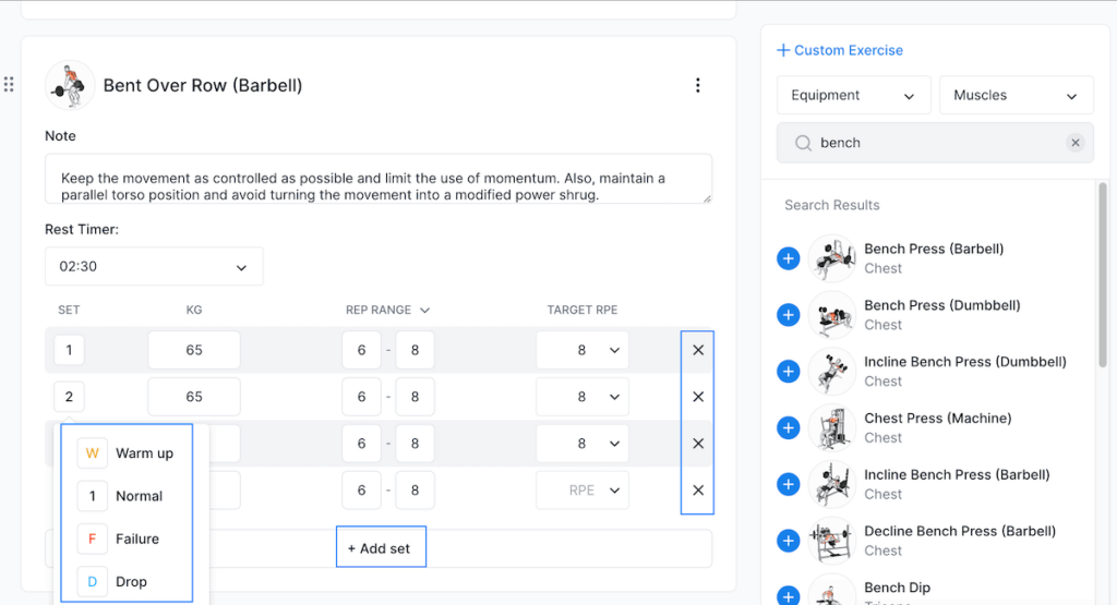 overview of hevy coach workout builder options to add/remove sets and mark by type