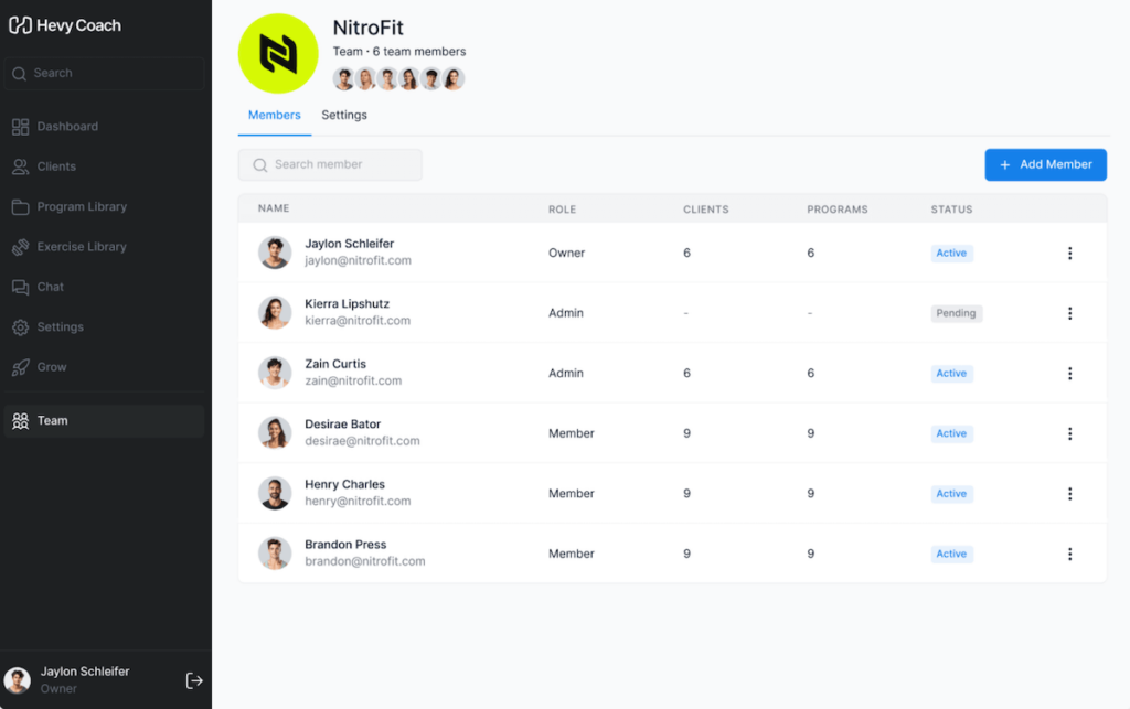overview of the list of trainers on a team in hevy coach