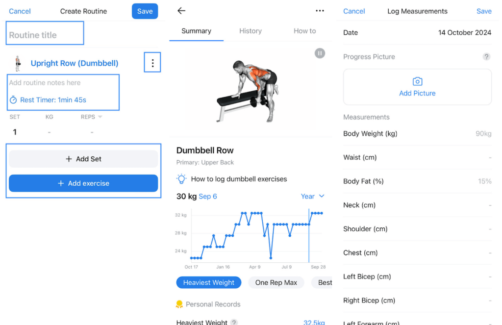 an overview of three sections in the hevy client app
