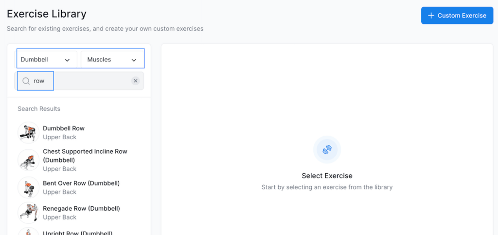 an overview of search results in hevy coach's exercise library