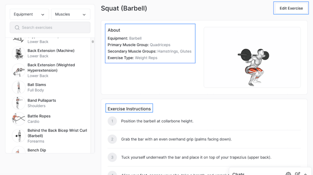 an overview of an individual exercise from hevy coach's library with an option to edit the information
