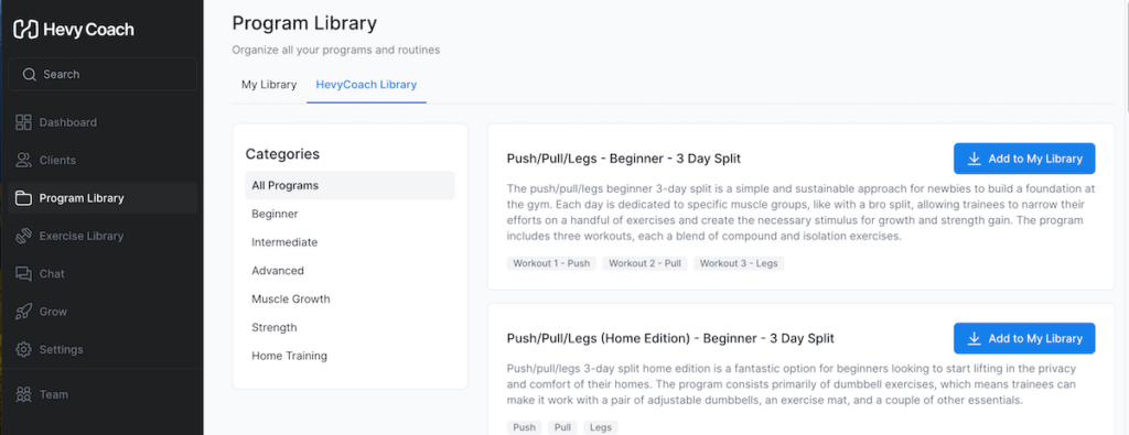 the hevy coach library with existing programs and an option to import