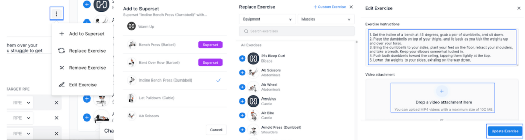 four images displaying the customization options for exercises inside hevy coach's workout builder