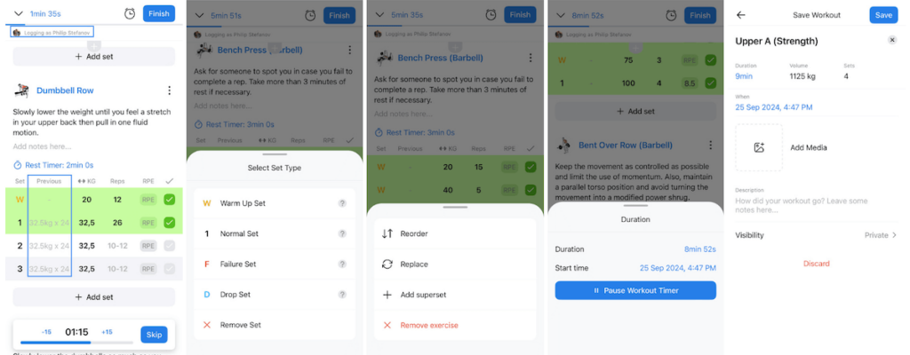 multiple tabs displaying the available options for editing and logging workouts inside the hevy coach app