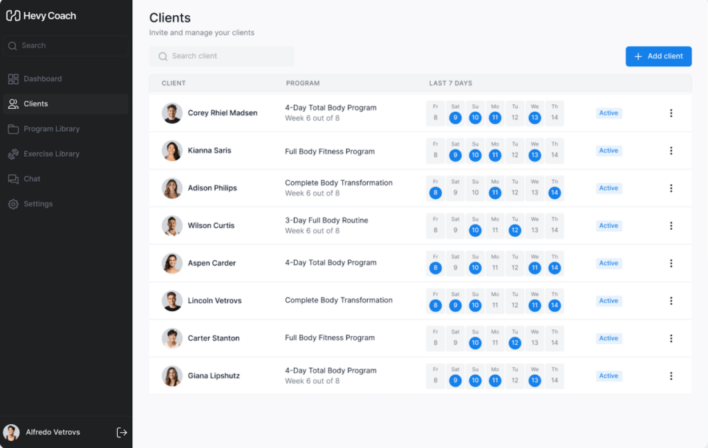 overview of client list in the hevy coach platform