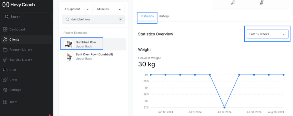 overview of performance tracking on individual exercise in hevy coach