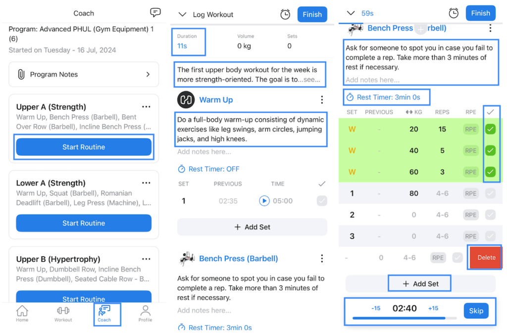 three sections in the hevy client app: starting and logging a workout