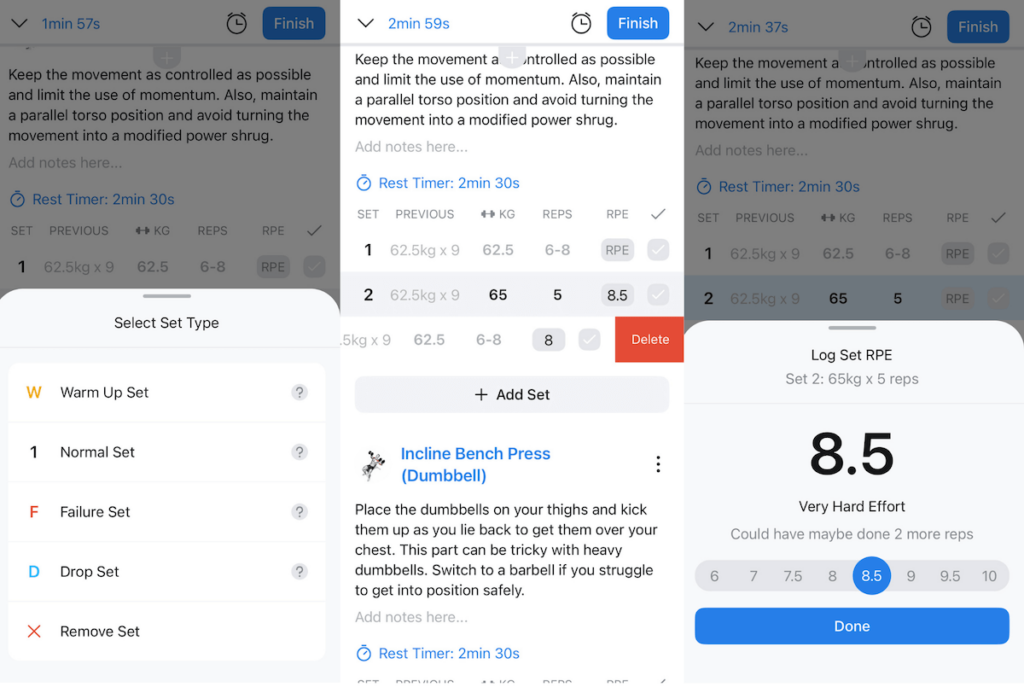 overview of set types, RPE, and set removal in the hevy client app