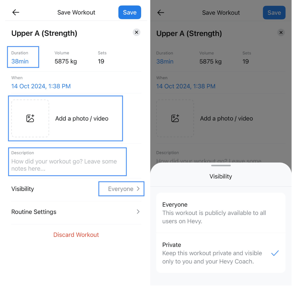 overview of media uploading and writing feedback in the hevy client app
