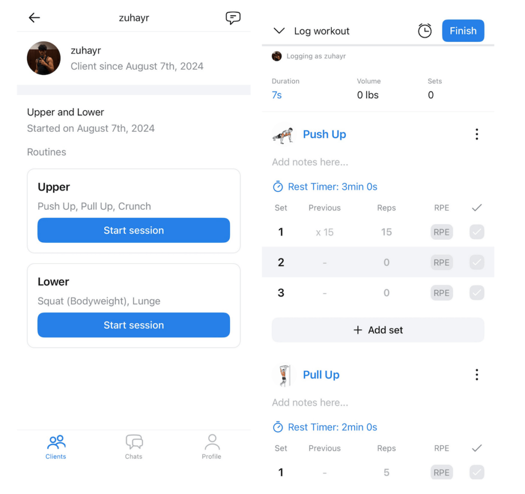 a look at a client's profile and workout logging capabilities inside the hevy coach app