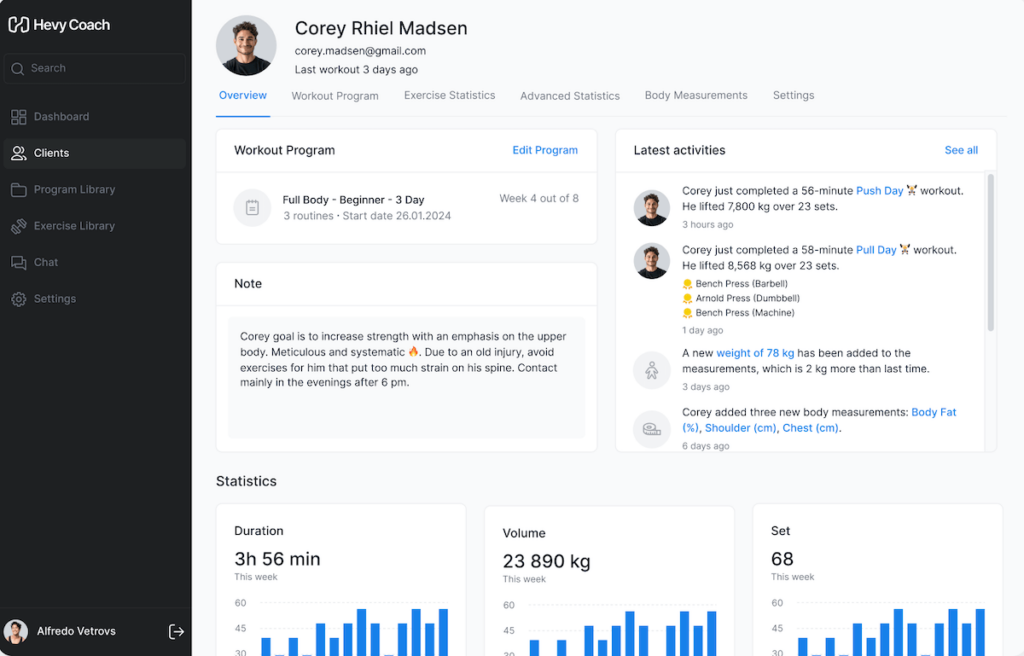 a look at the overview section inside a client's profile on hevy coach