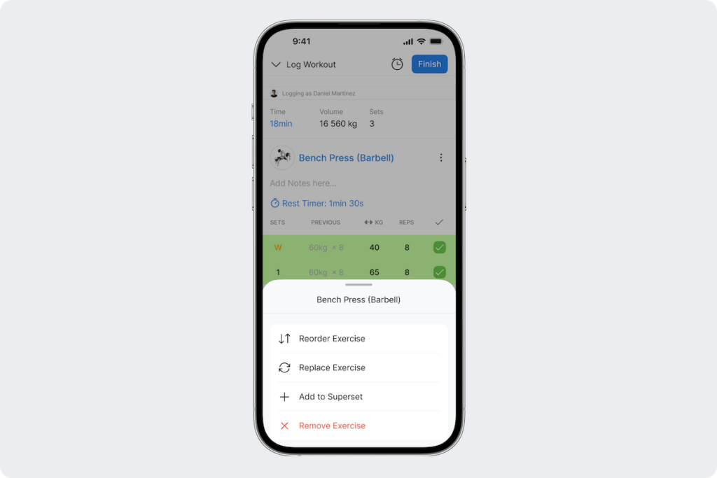 a look at some available options for adjusting training details while logging a workout for a client through hevy coach