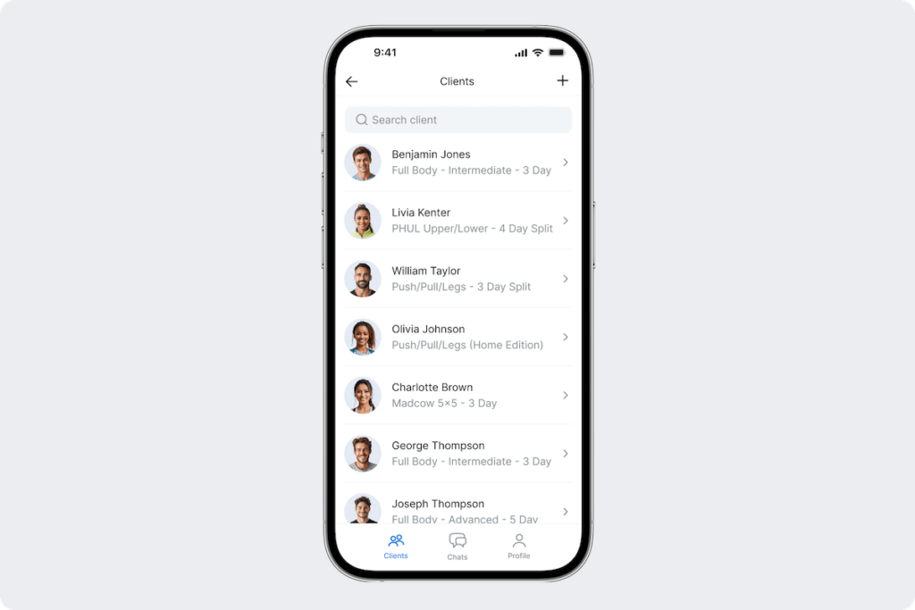 an overview of the client list as seen in the hevy coach app