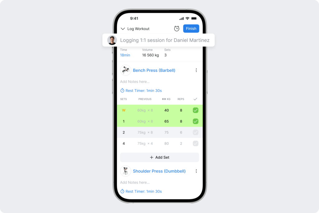 an overview of the ability to log a workout for a client through the hevy coach app