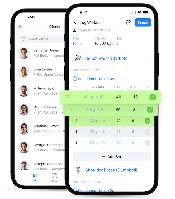 a look the ability to log a workout for a client and see your client list inside the hevy coach app