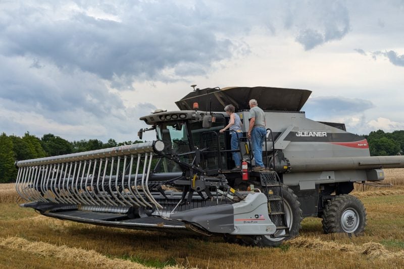A wheat harvester and two farmers in their wheat field.
