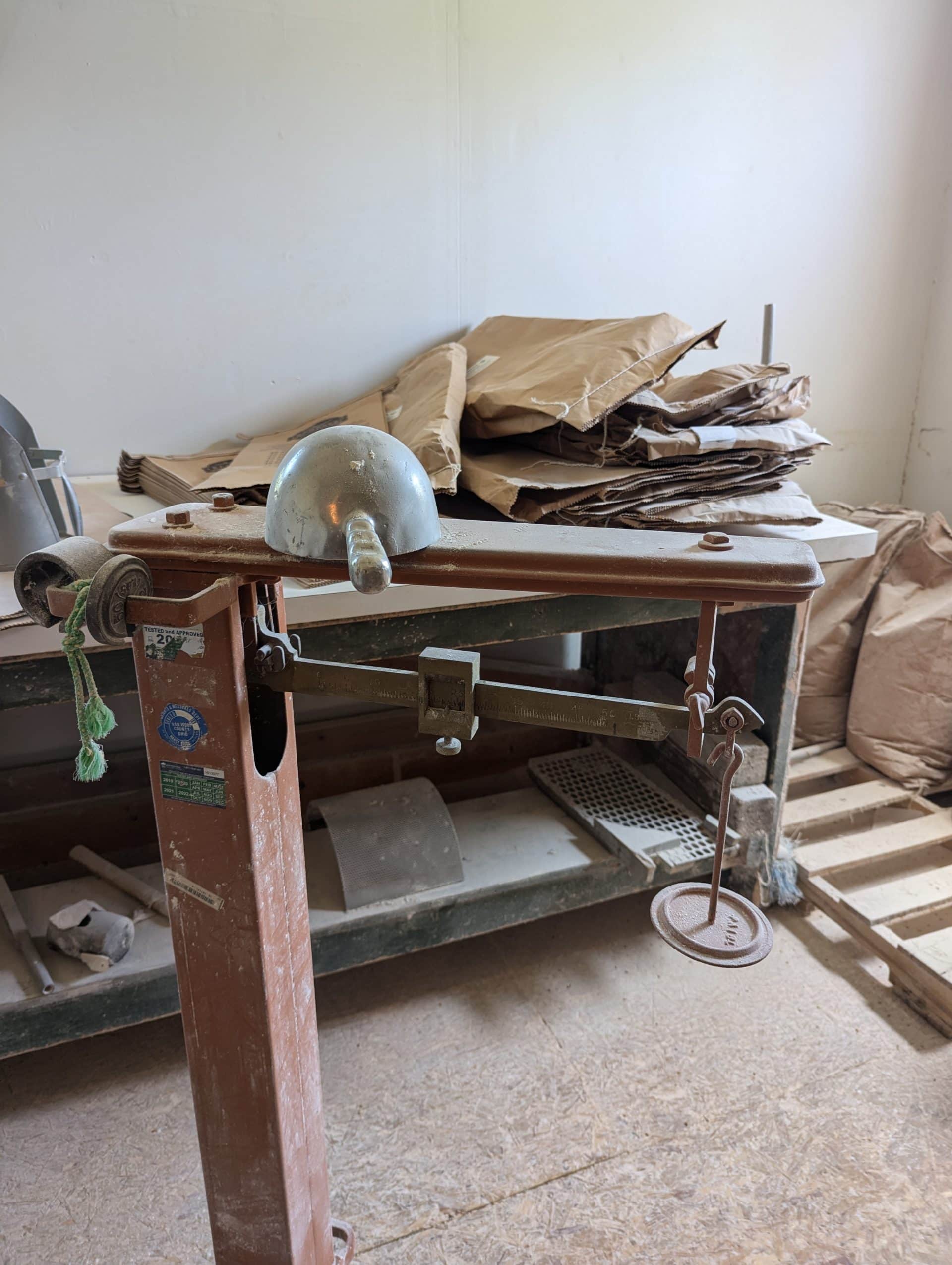 A scale used for weighing out sacks of flour at Frankferd Farms.