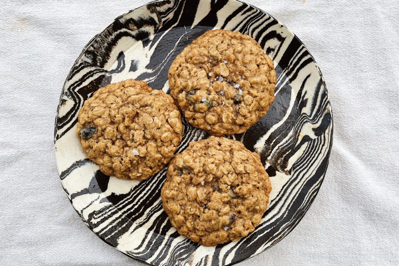 Sourdough discard oatmeal raisin cookies on a plate.