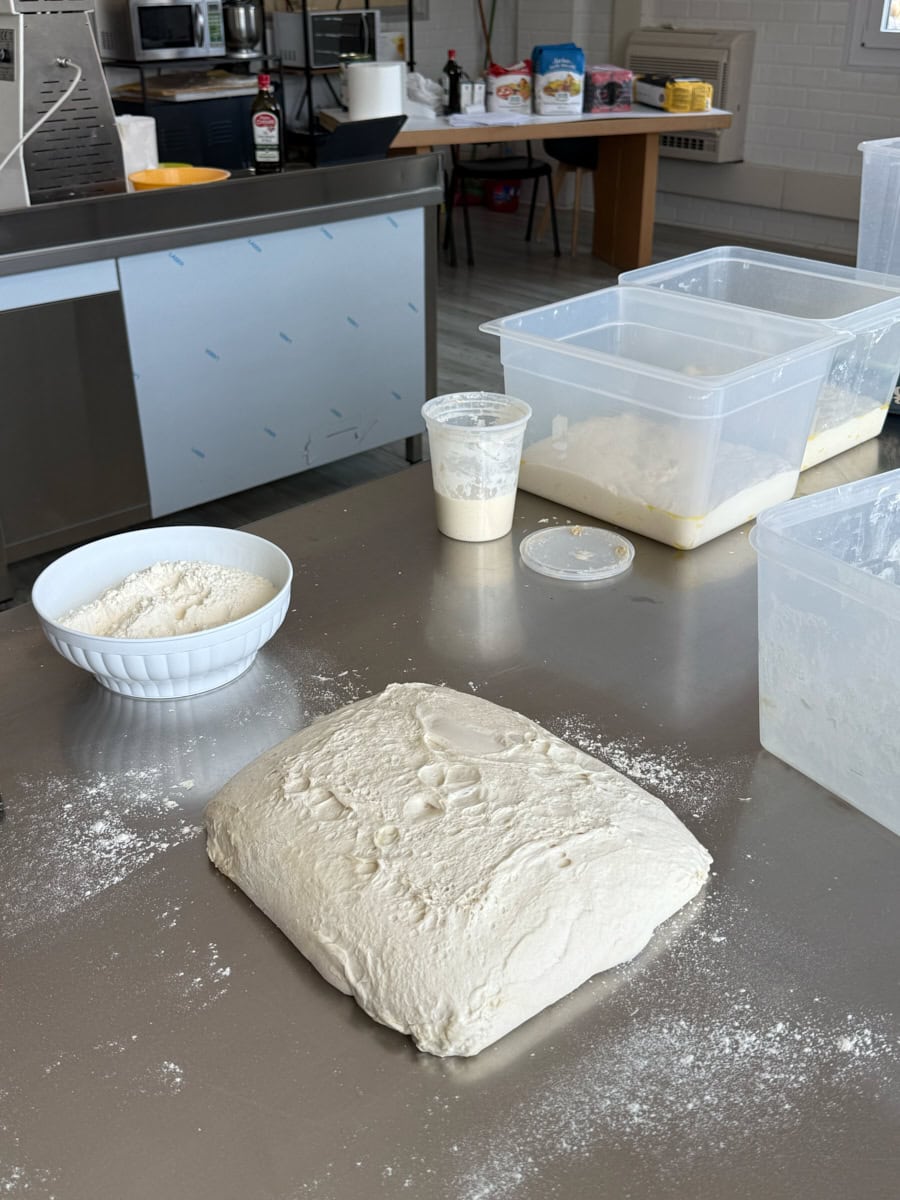 Mixing a test batch of sourdough baguettes.