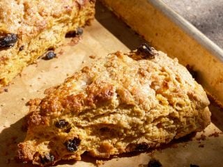 Baked sourdough starter discard pumpkin scone.