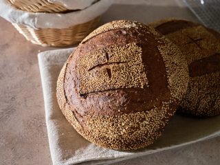 Scalded buckwheat and malt loaves cooled after baking.