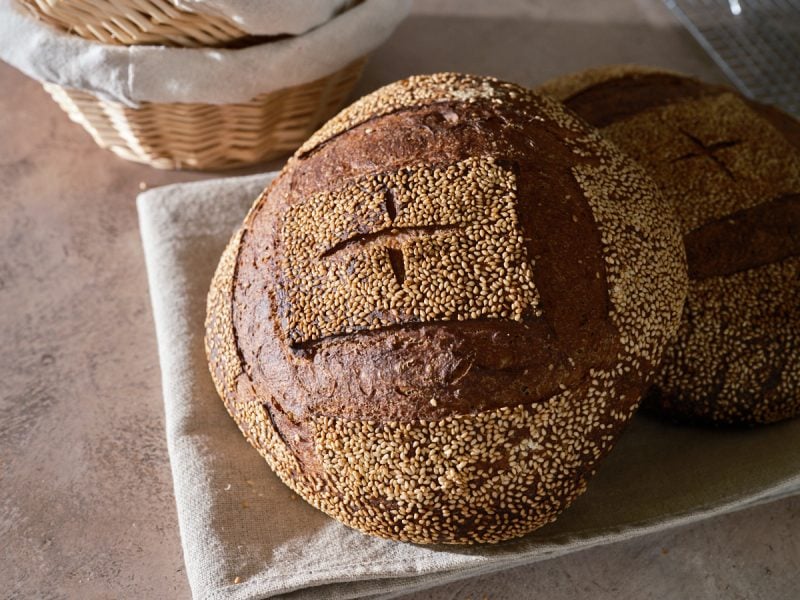 Scalded buckwheat and malt loaves cooled after baking.